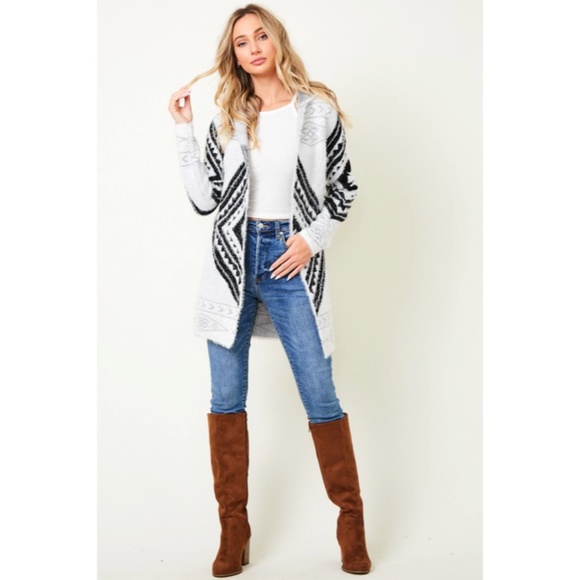 Fuzzy Soft Knit Hooded Long Sleeve Aztec Tribal Native Western Cardigan Sweater - Picture 8 of 10